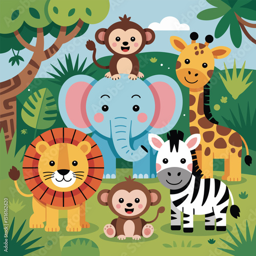 Cartoon illustration of cute safari animals including a lion elephant giraffe zebra and monkeys in a lush green jungle setting