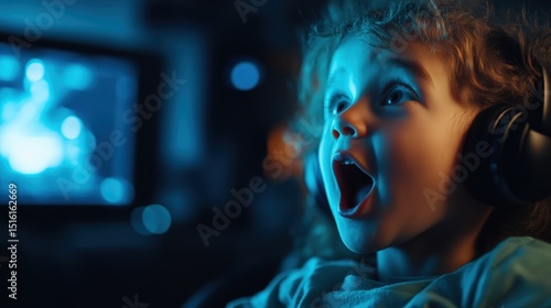 Wallpaper Mural A joyful child immersed in sound with headphones, expressing pure excitement and wonder during a digital experience, showcasing the joy of connectivity and engagement. Torontodigital.ca