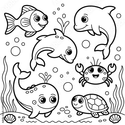 Cute black and white ocean animal characters for coloring pages and educational activities featuring fish dolphin crab turtle and whale