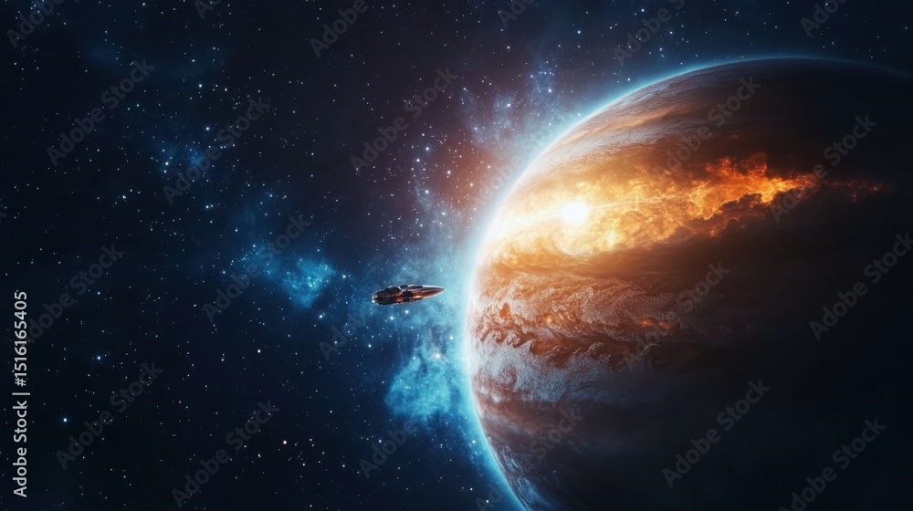 Fototapeta premium Exploring the cosmos spaceship voyage near jupiter digital art sci-fi environment wide-angle view