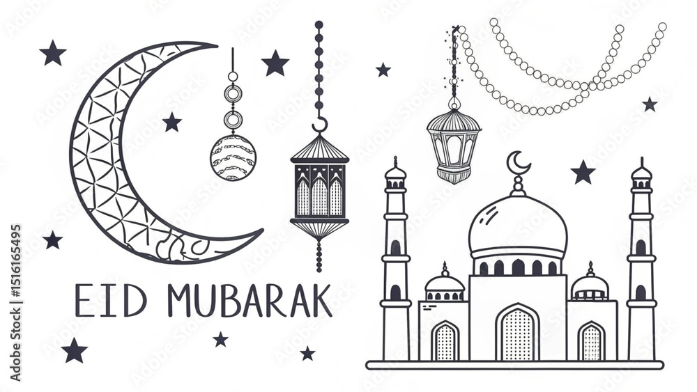 Fototapeta premium Outline icon pack for Eid ul-Adha including crescent moon, mosque, prayer beads (tasbeeh), Arabic lantern, stars, Eid Mubarak text — minimalist Islamic style, black and white line icons, vector style