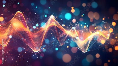 Abstract design with luminous wavy lines and bokeh.