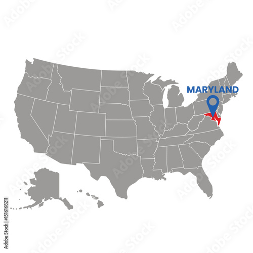Map showing Maryland state highlighted with a location pin; great for business presentations and demographics research.