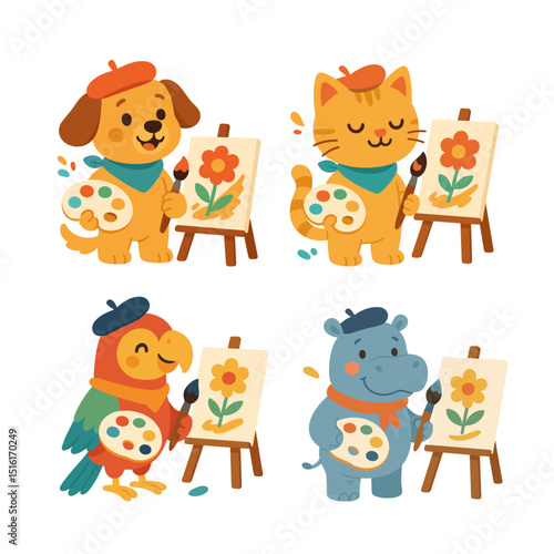 Cute Animal Artists Painting | Flat Kids Illustration Set