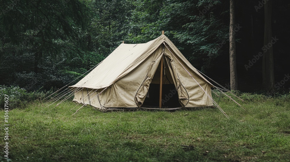 Beige tent in forest clearing Beige tent in forest clearing