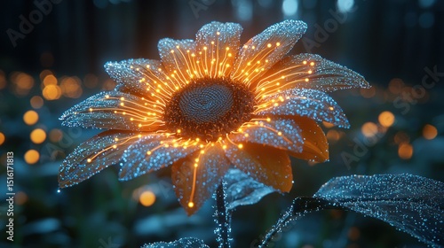 Glowing digital sunflower in a mystical forest