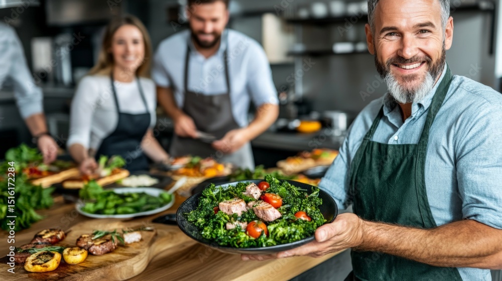 Smiling male chef presenting a fresh vegetable salad in a modern kitchen setting Smiling male chef presenting a fresh vegetable salad in a modern kitchen setting
