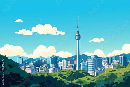 llustration korea, namsan tower