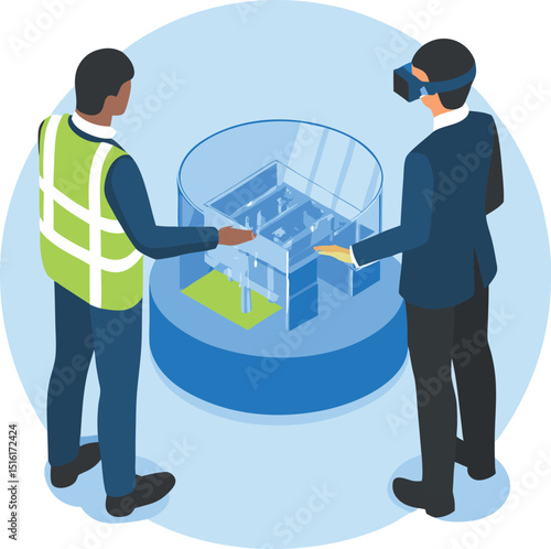 Engineer and executive use virtual reality to interact with a digital twin for real-time process visualization and smart factory management.