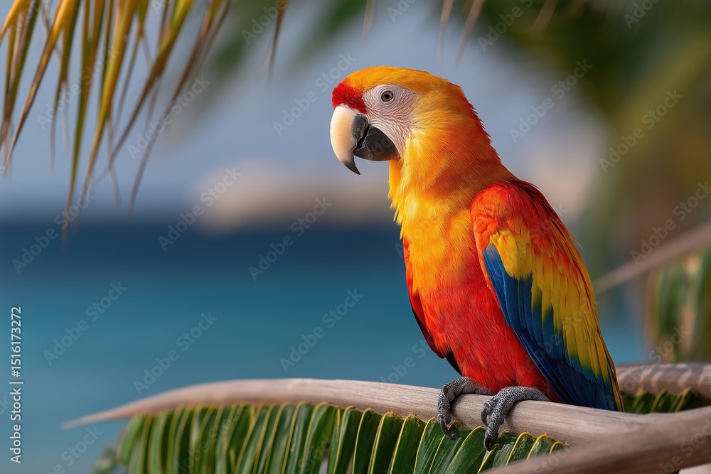 Obraz premium A colorful parrot is perched on a branch in front of a blue ocean. The bird's bright colors and the serene ocean background create a peaceful and vibrant scene