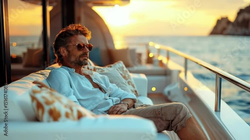 A trendy billionaire relaxes on a chic yacht deck, soaking in breathtaking ocean vistas and savoring the tranquil atmosphere during sunset. Style and wealth merge effortlessly