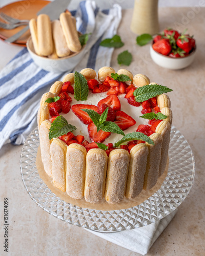 Charlotte cake with fresh strawberries and mint leaves. Homemade Charlotte cake decorated with cut strawberry and green mint 