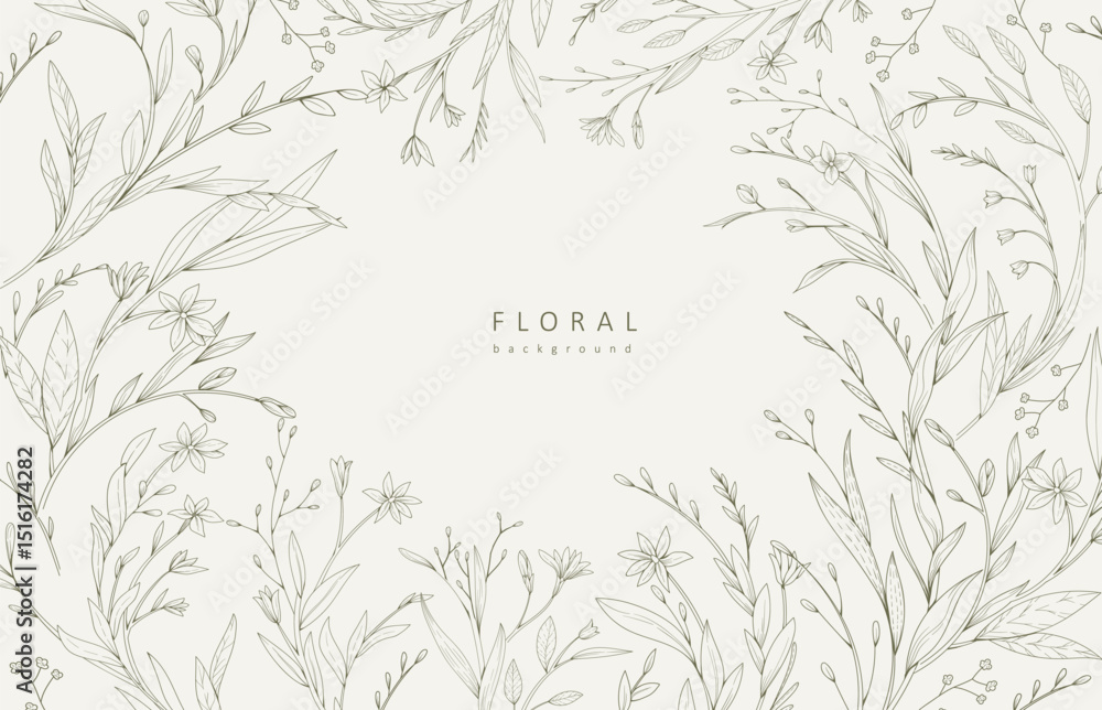 Fototapeta premium Autumn botanical greeting card with minimalistic branches and flowers. Set of floral design elements. Vector illustration for invitation, save the date card