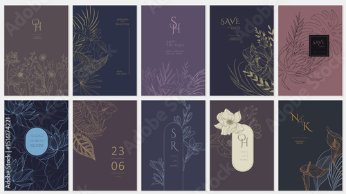 Set of floral invitation save the date card with detailed various flowers. Luxury vintage botanic template layout design, brochure or cover