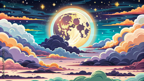 Amazing Night starry sky with full moon and cloud. Vector background with cloudy sky, moonlight illustration