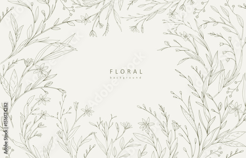 Autumn botanical greeting card with minimalistic branches and flowers. Set of floral design elements. Vector illustration for invitation, save the date card