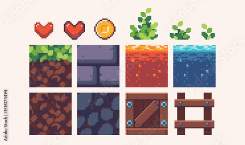 Platformer pixel art square blocks. Ground tiles seamless pattern textures 8 bit platform tiles. Game development, mobile app template. Texture grid vector illustration.