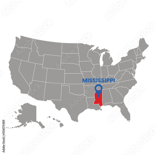 USA map shows Mississippi state highlighted in red with a location pin marking its location Perfect for geography educational materials