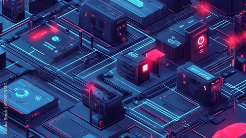 Futuristic cityscape of interconnected technological components.