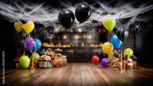 Colorful balloons and treats decorate a festive room with spider webs and spiders, creating a spooky and fun Halloween party atmosphere.