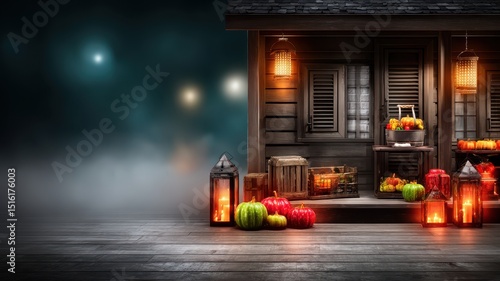 Cozy wooden porch decorated with pumpkins, lanterns, and autumn harvest for a festive seasonal ambiance against a misty, dark background.
