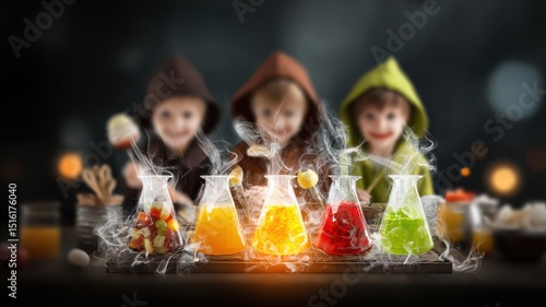 Three children in colorful hooded cloaks stand behind steaming beakers filled with vibrant fruits and liquids, creating a magical, whimsical scene.
