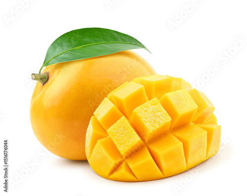 Ripe mango with slice isolated on white background. 