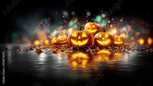 Glowing jack-o'-lanterns sit on autumn leaves by water, reflecting Halloween lights in a festive, mystical night scene.