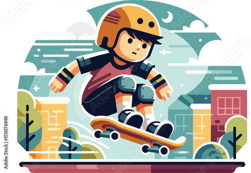 A boy playing skateboarding, he is in mid-air, performing a trick with his skateboard 