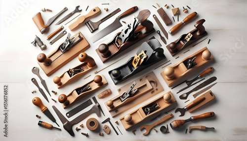 Wallpaper Mural Flat lay of various types of woodworking planes on a white background for product catalog or toolset showcase. Torontodigital.ca