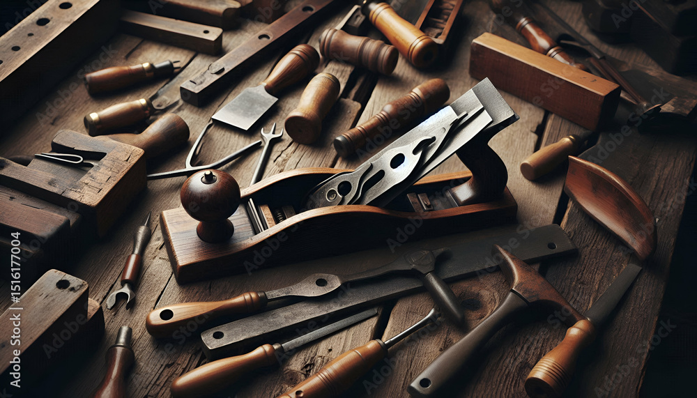 Fototapeta premium Vintage wooden hand plane on aged table with tools scattered around, shot in moody natural lighting.