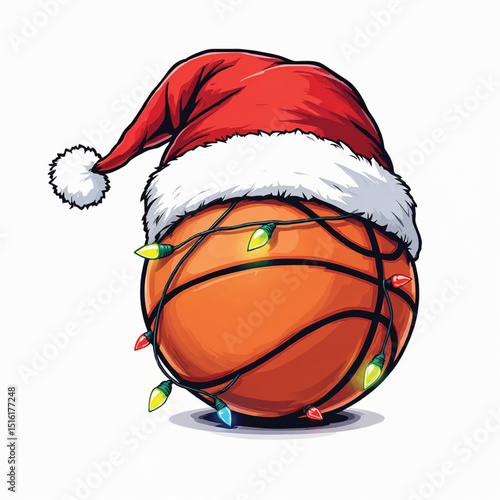 Basketball with santa hat and christmas lights isolated on white background