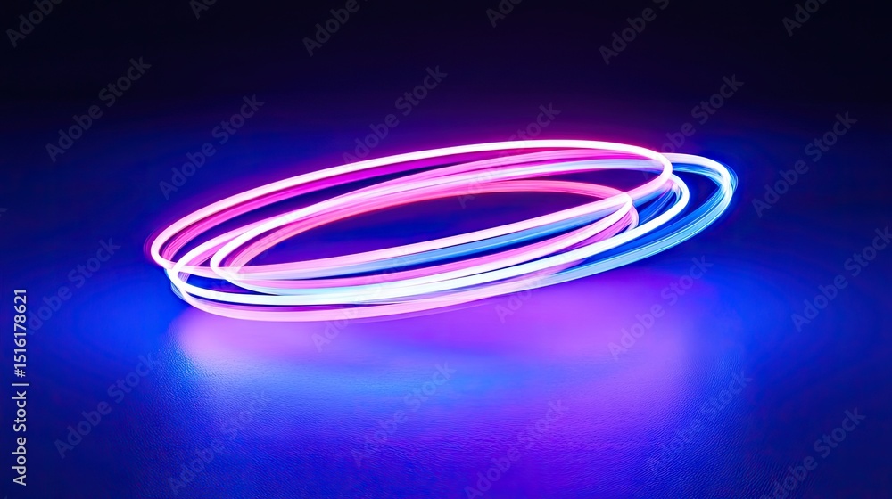 Naklejka premium Neon light rings of pink and blue on a dark background.