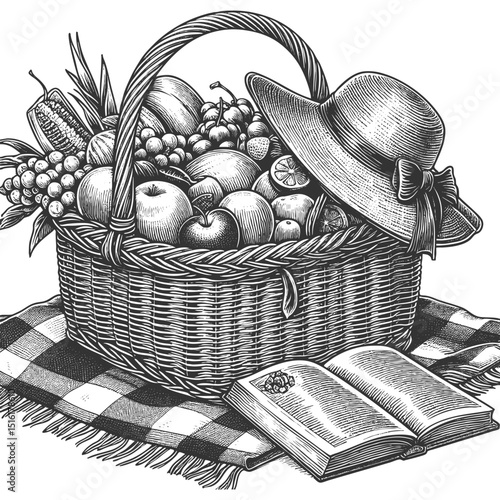 picnic basket filled with fruit, sunhat, and an open book on a checkered blanket, ideal for summer themes sketch engraving generative ai vector illustration. Scratch board imitation. Black and white.