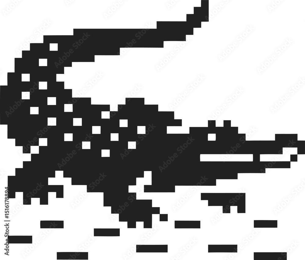 Fototapeta premium Pixelated alligator in black and white, retro 8 bit illustration