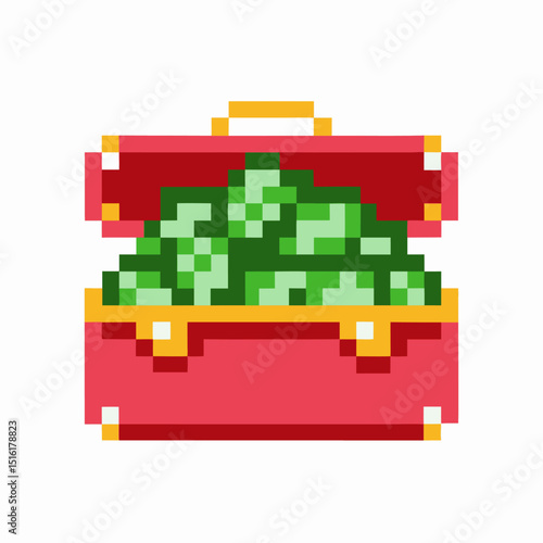 Pixel art treasure chest filled with green gems retro game style, vibrant digital illustration