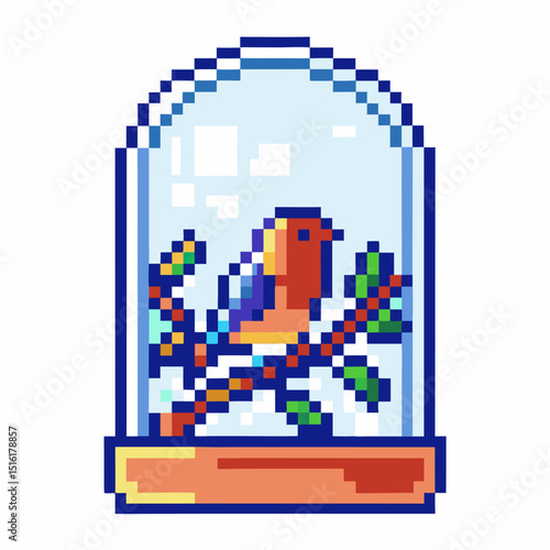 pixel art bird in snow globe colorful winter scene with vibrant branch inside glass dome illustration