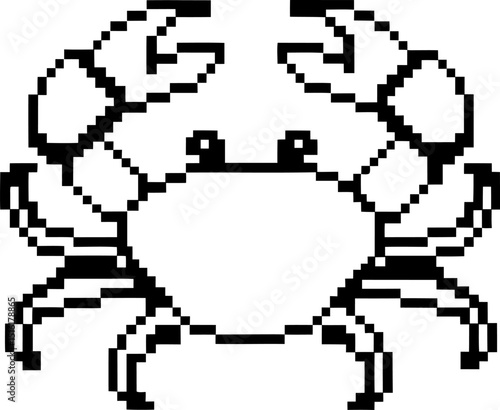 pixel art crab illustration, black and white design retro arcade, digital sea creature concept