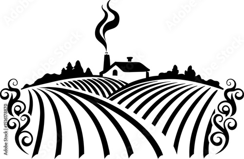 rustic farmhouse with smoke, surrounded by scenic fields and ornate swirls in black and white design