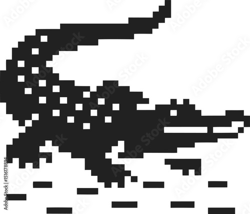Pixelated alligator in black and white, retro 8 bit illustration