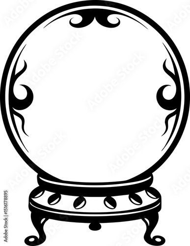 ornate crystal ball on vintage stand, mystical fortune telling tool black and white illustration