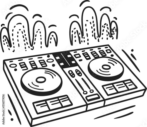 dj turntable illustration with abstract musical notes sketch drawing of music mixer, electronic dance sound equipment