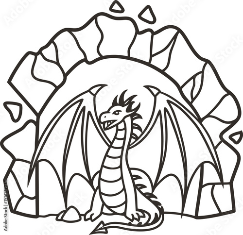 dragon sitting in rocky cave entrance, wings spread wide, mythical creature illustration
