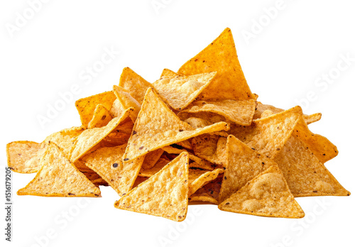 Pile of crispy, seasoned tortilla chips with a golden texture, isolated on transparent background, perfect for snack, food, or menu design.
