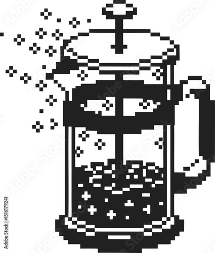 Pixel art french press coffee maker with floating aroma bubbles retro digital design, black and white kitchen decor