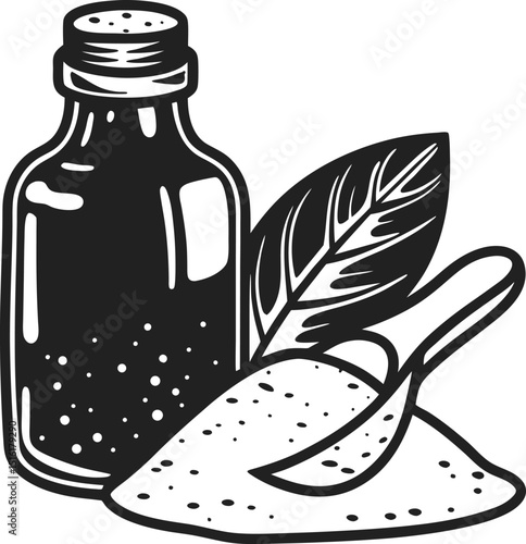 herbal medicine concept bottle with natural extract, leaf, and spoonful of powder organic healing ingredients