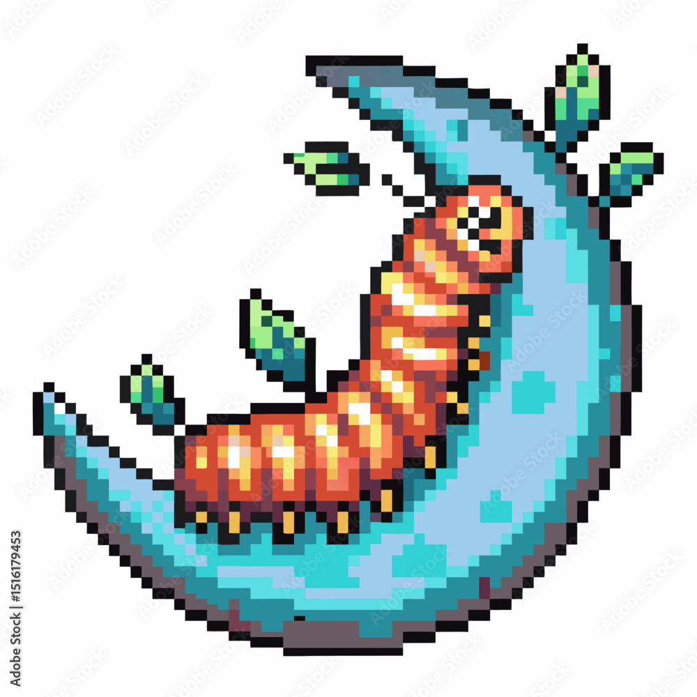 Fototapeta premium pixel art caterpillar on crescent moon colorful digital illustration with leaves, whimsical and playful nature scene