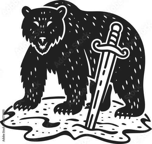 bear holding sword on shield, fierce symbol of strength and power, medieval illustration