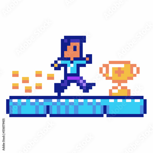 Pixel art character jumping towards trophy on platform retro gaming victory moment