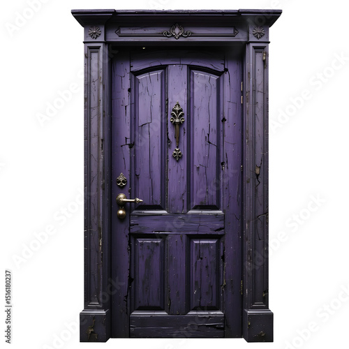 Haunted mansion door with broken handle, faded purple paint, cracked wood, spooky atmosphere, isolated on white background